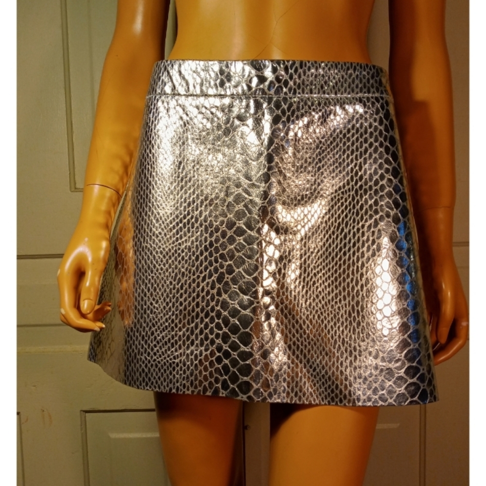 Milly real leather embossed silver metallic snake print skirt